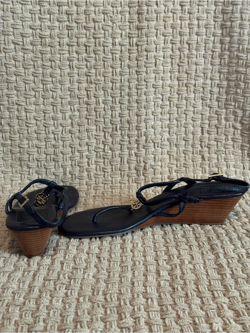 Tory Burch Navy Leather Wedge Thong Sandals with Gold Logo